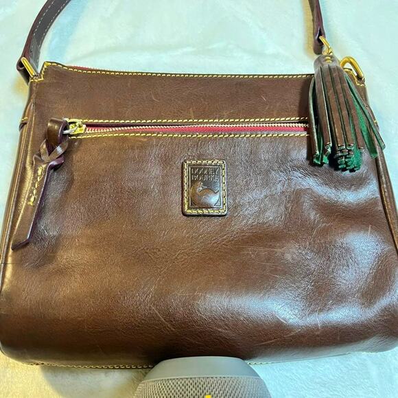 Dooney & Bourke Florentine Leather Handbag Reddish Brown Contrast Stitch Tassel - Picture 1 of 11